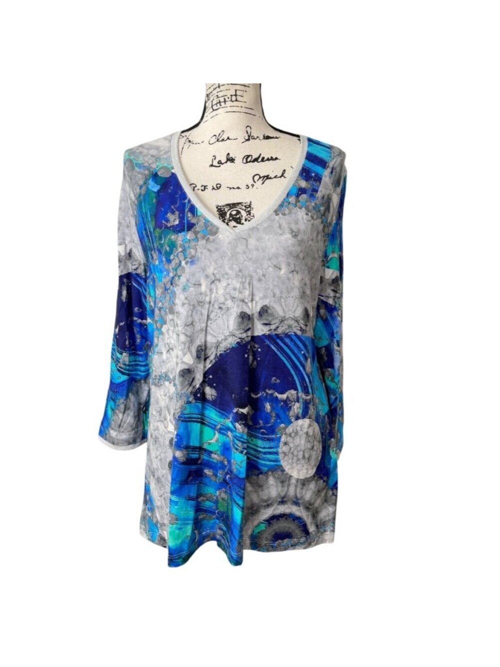 Dolcezza Simply Art Womens XL Tunic V-Neck Blue Gray Marble Artsy Top